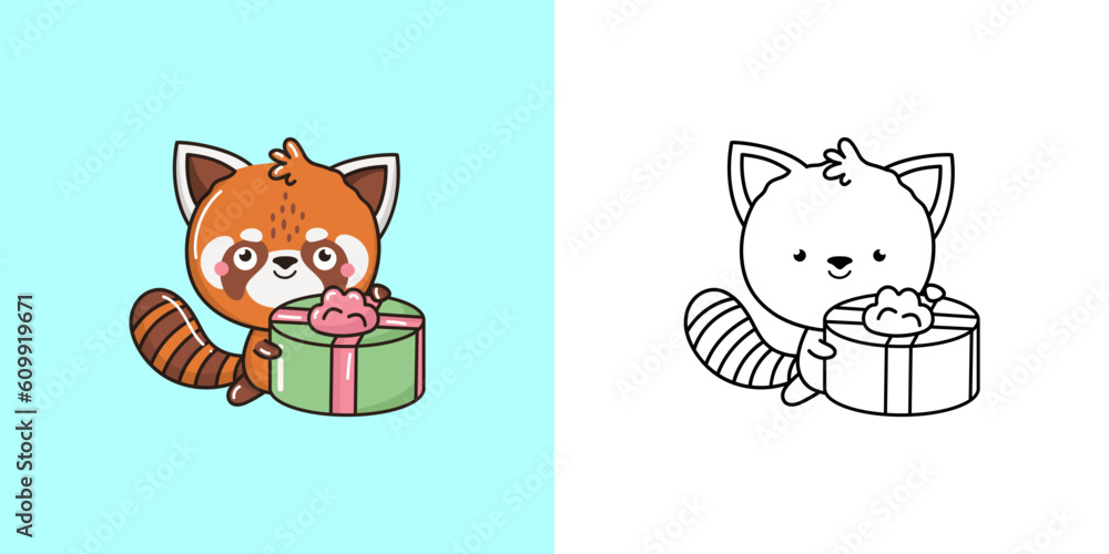 Cute Clipart Red Panda Illustration and For Coloring Page. Cartoon Bear