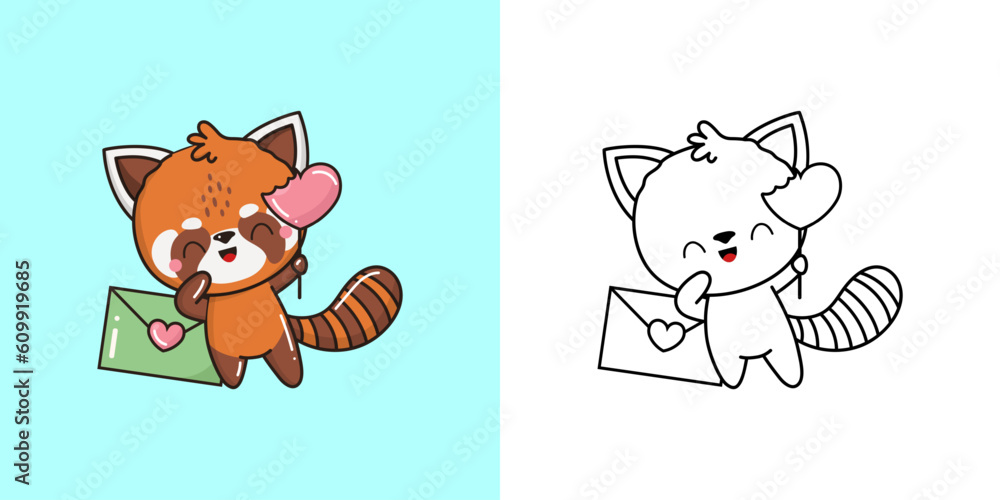 Kawaii Red Panda Illustration and For Coloring Page. Funny Kawaii Bear