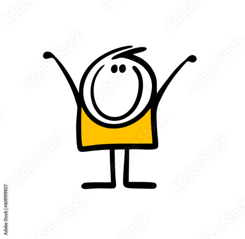 Happy little boy with rising up hands meeting guests. Vector illustration of glad stickman welcome print.