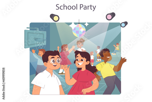 Elementary school party. Celebration ball or dance at school sport gym