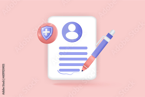 3d Paper clipboard document management task note todo check list with safety sign and pencil, business plan, fast work, success, assignment, time management. 3d vector render with pink background
