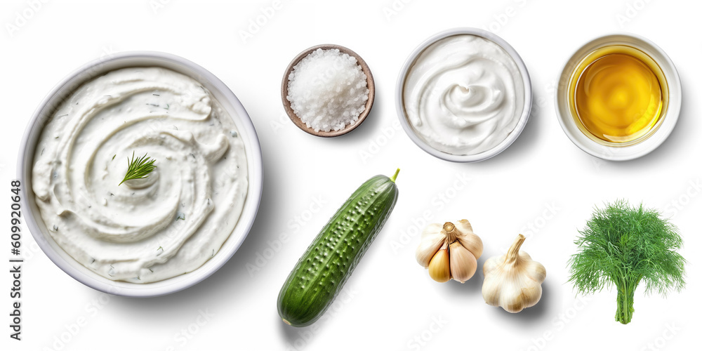Ταπετσαρία Tzatziki Sauce and ingredients Greek yogurt, cucumber, garlic, olive oil, salt and fresh herbs such as dill