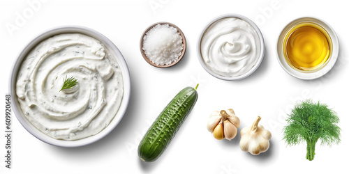 Tableau sur toile Tzatziki Sauce and ingredients Greek yogurt, cucumber, garlic, olive oil, salt and fresh herbs such as dill