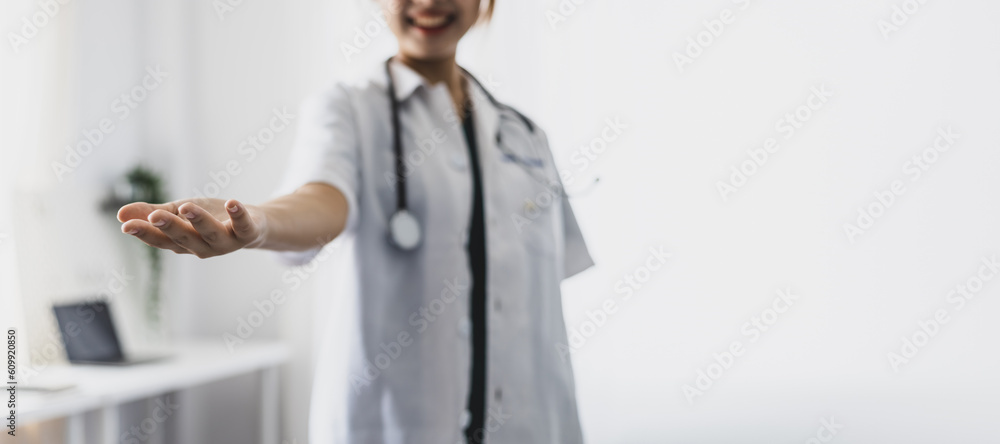 Female doctor hand holding. Medical concept for insert icons and copy space.