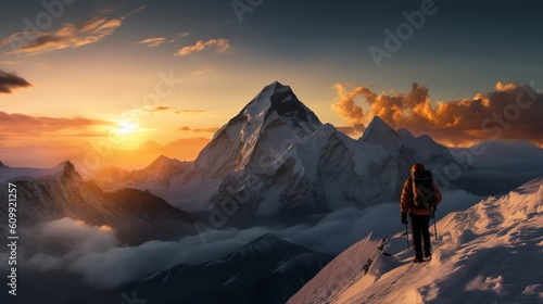 Hiker in the mountains, Hiking on Mount Everest, Generative AI © AIExplosion