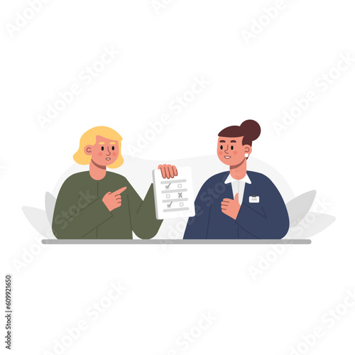 Candidate for vacancy is tested. Female character shows her survey results to recruiter. List of questions to job seeker. Individual job interview. Color vector illustration