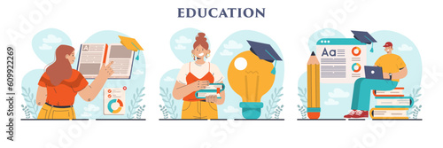 Education set. Idea of study and gaining academic knowledge. Increasing