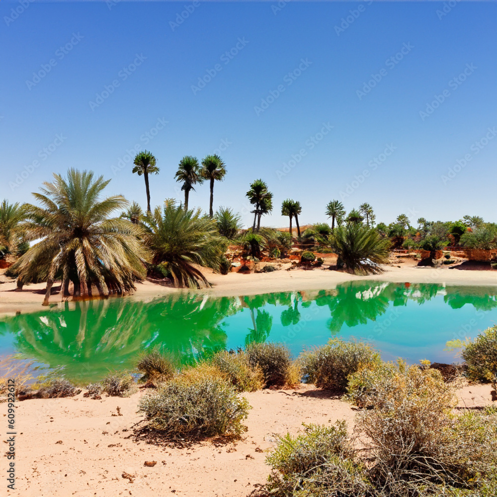 an oasis in the desert with palm trees, bushes and flowers and a lake in the middle an oasis in the desert with palm trees, bushes and flowers and a lake in the middle