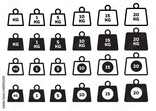 kilogram icon set of 1,5,10,15, and 20 kg. kilo weight vector symbol. kilo gram signs in filled and outlined style.