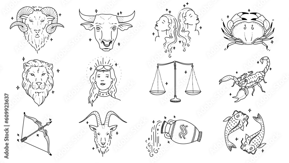Horoscope illustration set. Star signs Astrology doodle style