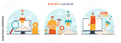 Rocket launch set. Business start up or successful project progress.