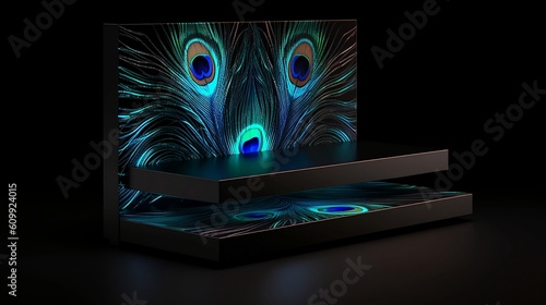 Stage Shelf with peacock feathers Backgrounds. Generative AI