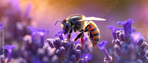 a close up of a bee on lavender flowers at sunset © kraftbunnies