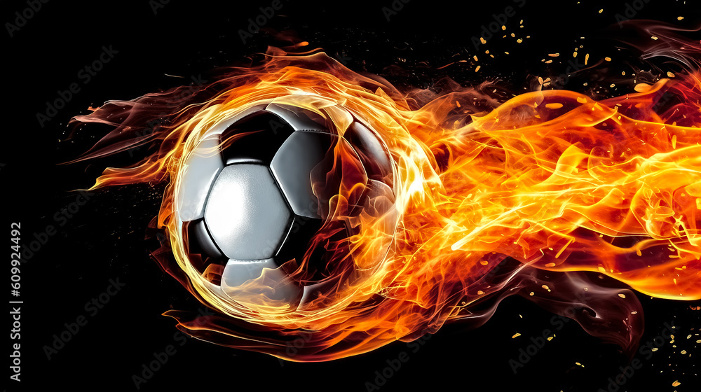 Naklejka premium Flying football on a black background, encompassed by Flames, generative AI