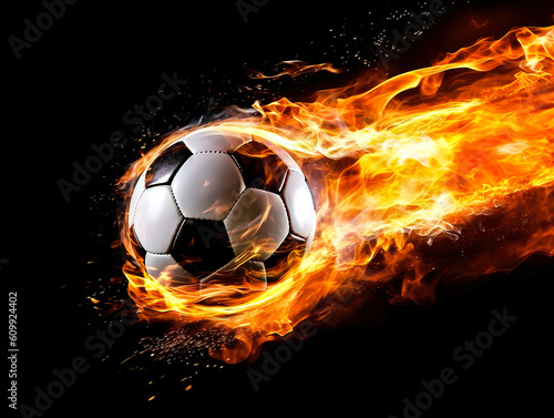 A burning soccer ball flying on a black background  generative AI art