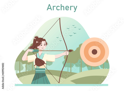 Asian character doing sport. Kyudo or japanese archery. Martial
