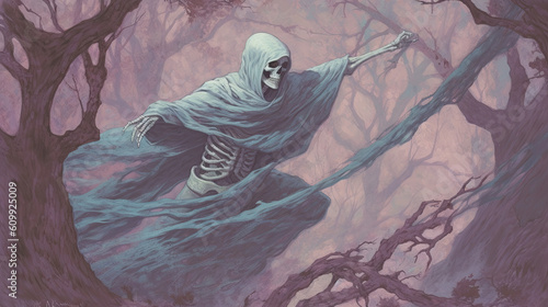 grim dark necromancer lich running in the woods - by generative ai photo