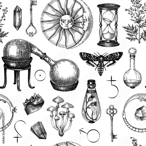 Vintage alchemical background. Popular esoteric symbols. Magic seamless pattern. Mystical design for tarot cards, banners, prints, tattoos, and fabrics. photo