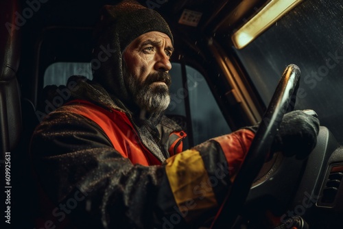 Professional Lorry driver. Truck driver man sitting in cabin. Generative AI
