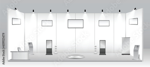 set of realistic trade exhibition stand or white blank exhibition kiosk or stand booth corporate commercial. eps vector