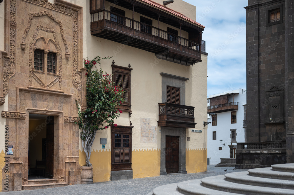 Detail of the facade of the house museum of Colon, in Herreria street in the Vegueta neighborhood in Las Palmas de Gran Canaria