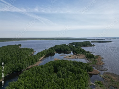 A drone view of the endless floods of the Volga River.