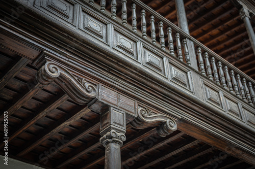 Detail of the wooden architecture of the Colon Museum of Gran Canaria, wooden beams and columns