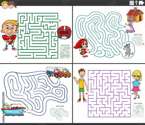 maze activity games set with cartoon characters