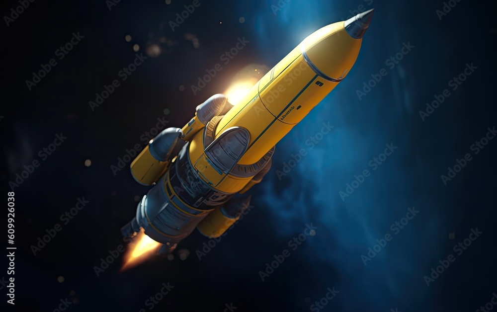 Rocket flying in space. Generative AI. Rocket flying in space. Generative AI.