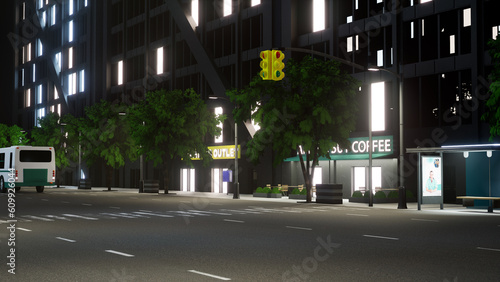 Modern town with tall buildings and office spaces in urban business district, city lights flickering at night. Metropolis structure and architecture, downtown. 3d render animation.