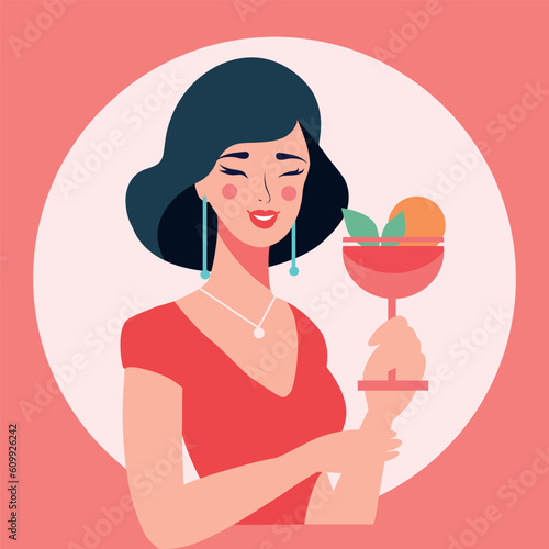 Flat illustration of a girl with a cocktail in her hand with a glass in the style of a flat illustration. The girl smiles and drinks a delicious cocktail