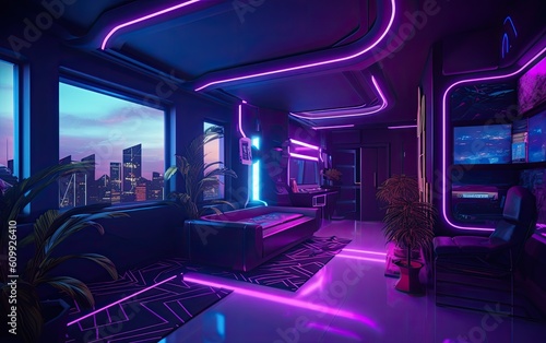 Cyberpunk neon light modern living room with furniture. Generative AI.