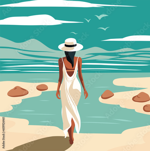 Summer holidays. A woman on vacation in a white tunic beach dress in a swimsuit, a hat walks along the beach. Back view woman. Sea, sky, seagulls, sand shore, girl. Vector illustration