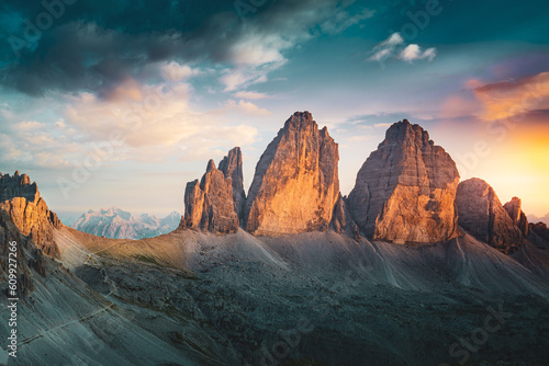 Epic view from Sextner Stein on Monte Paterno and Tre Cime mountain range in the evening. Tre Cime, Dolomites, South Tirol, Italy, Europe. © Michael