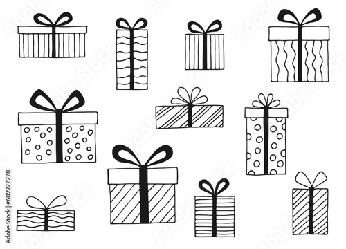Set with gift box with different bows. Hand drawn vector illustration.
