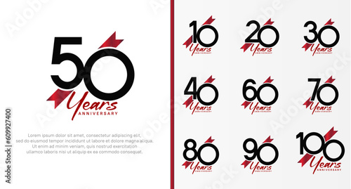 set of anniversary logo black color number and red ribbon on white background for celebration