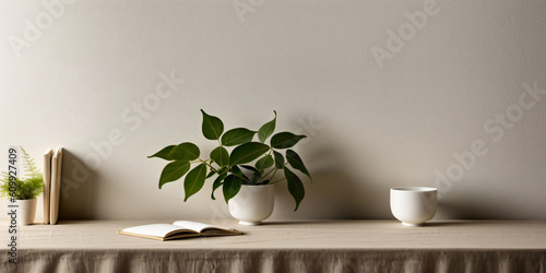 Table countertop with beige linen tablecloth leaf on table ideal for product presentation