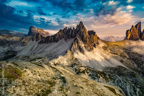 Epic view from Sextner Stein on Monte Paterno mountain range in the evening. Tre Cime, Dolomites, South Tirol, Italy, Europe.