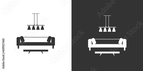 Interior icon with sofa, floor lamp, coffee table and poster. Isolated vector icon on black and white background