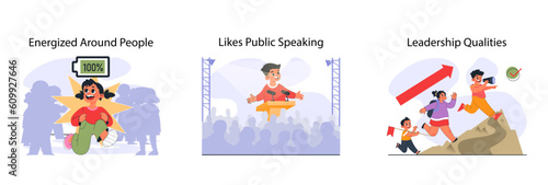 Child with extroverted individuality set. Joyful little kid enjoying