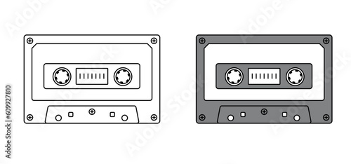 Cartoon plastic old audio record cassette. Drawing cassette tape symbol or icon. Retro music tape cassette, 1970s, 1980s style. For free copy. Music audio record from 70s, 80s, 90s hits, mixtape.