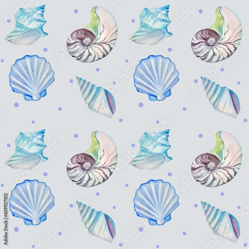 Beach seamless pattern watercolor sea shell Nautical digital background Ocean printable scrapbook paper