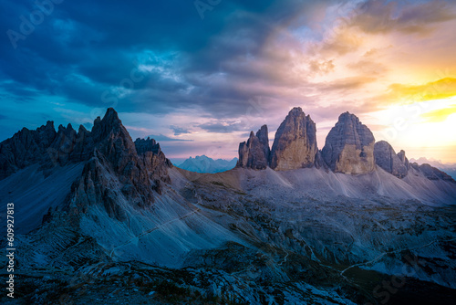 Epic view from Sextner Stein on Monte Paterno and Tre Cime mountain range in the evening. Tre Cime, Dolomites, South Tirol, Italy, Europe.