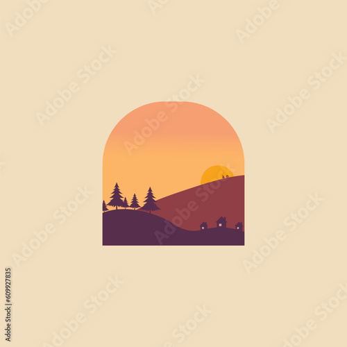 Vector illustration design of a scene before sunset  it contains elements of houses  hills  fir trees and sun.