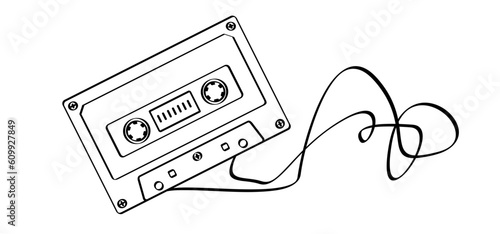 Cartoon plastic old audio record cassette. Drawing cassette tape symbol or icon. Retro music tape cassette, 1970s, 1980s style. For free copy. Music audio record from 70s, 80s, 90s hits, mixtape.