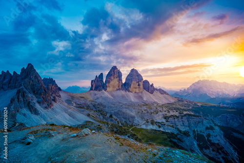 Vanilla atmosphere viewed from Sextner Stein on Dolomites in the evening. Tre Cime, Dolomites, South Tirol, Italy, Europe.