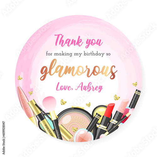Birthday Thank you tag. Beautiful spa party favor card background decorated with makeup products. Vector illustration 10 EPS.