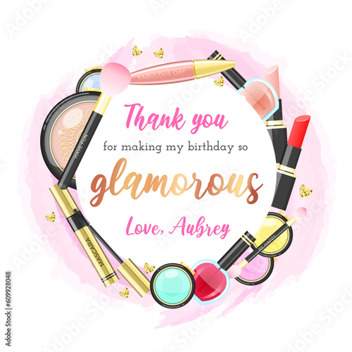 Birthday Thank you tag. Beautiful spa party favor card background decorated with makeup products. Vector illustration 10 EPS.