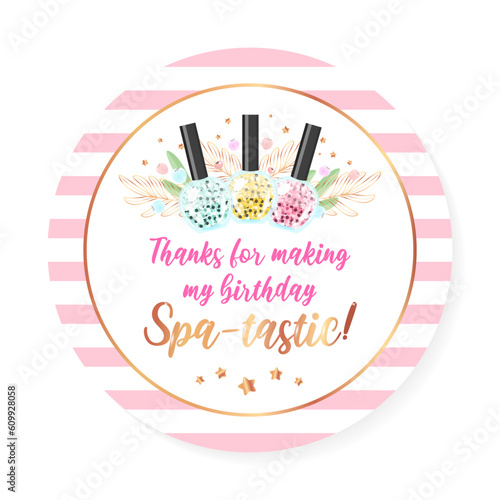 Birthday Thank you tag. Beautiful spa party favor card background decorated with makeup products. Vector illustration 10 EPS.