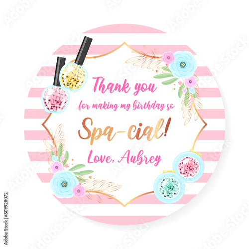 Birthday Thank you tag. Beautiful spa party favor card background decorated with makeup products. Vector illustration 10 EPS.
